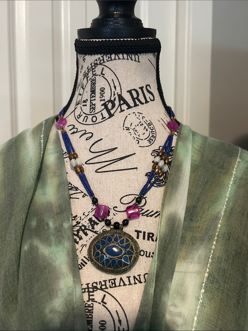NWOT Multicolor Boho Statement Necklace with Blue Pendant